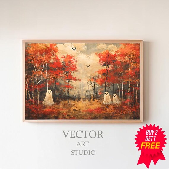 Cute Ghost Family in an Autumn Forest Fall Colors Halloween Art Poster