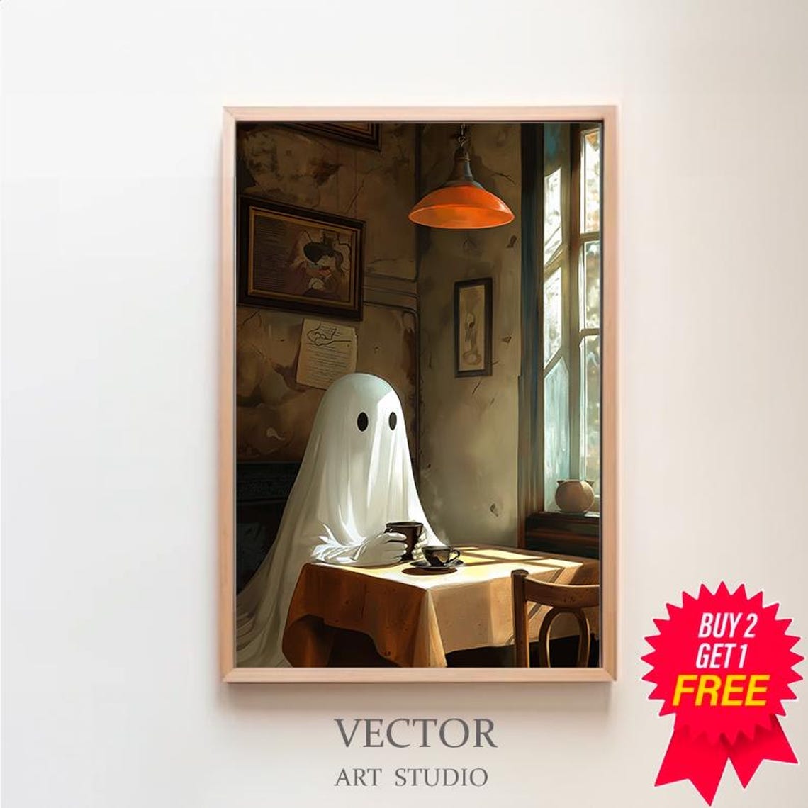 Ghost Enjoying Coffee At Cozy Cafe Table Dark Academia Art Poster