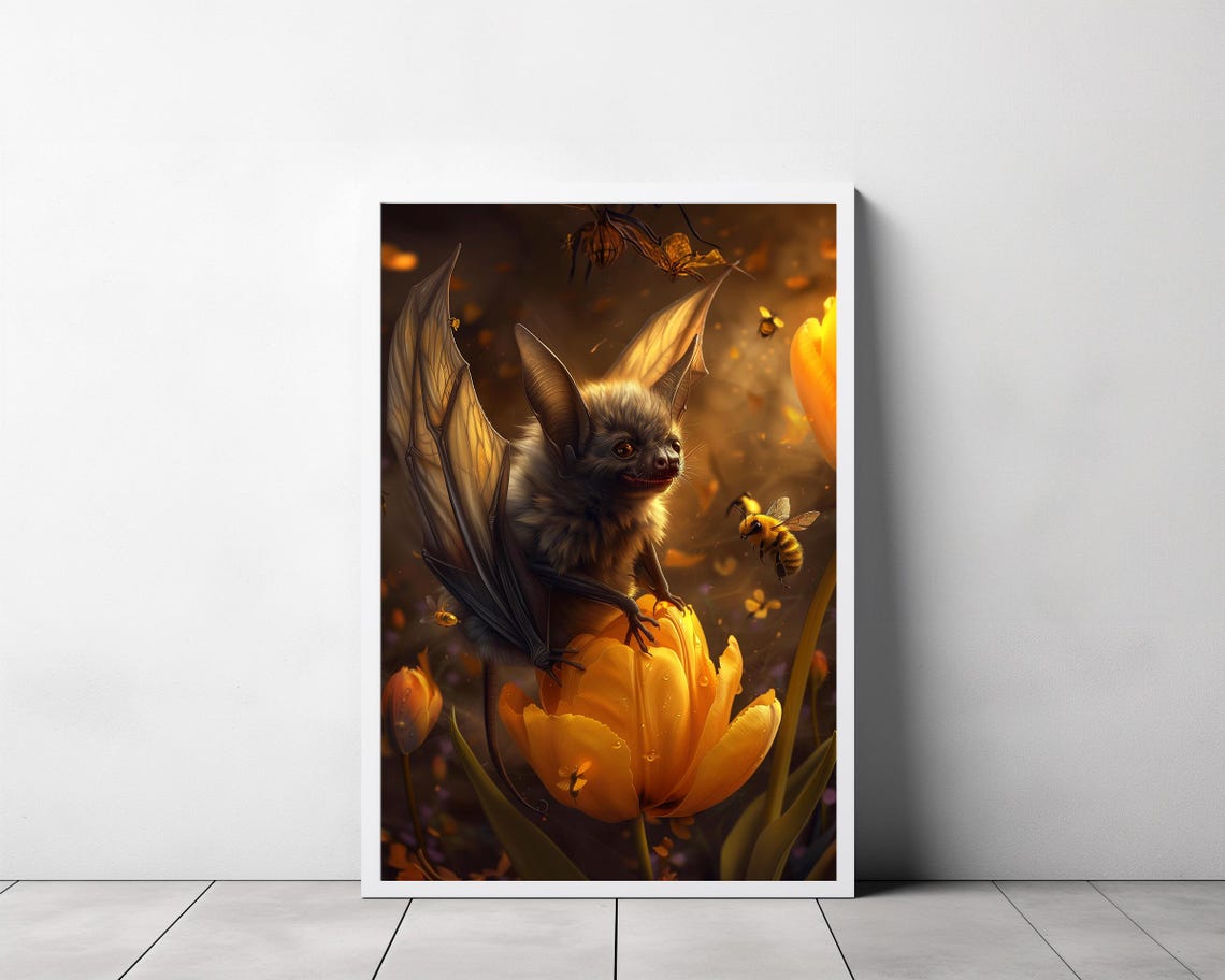 Whimsical Bat Perched on a Golden Tulip Among Bees Fantasy Poster - Image 3