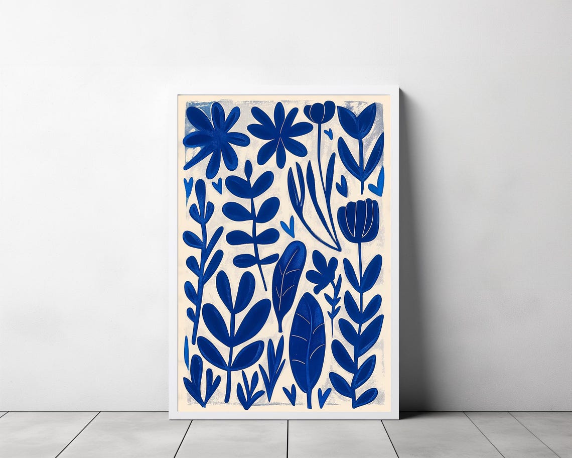 Bold Modern Matisse Style Blue Botanical Folk Flowers Wall Art - Image 3