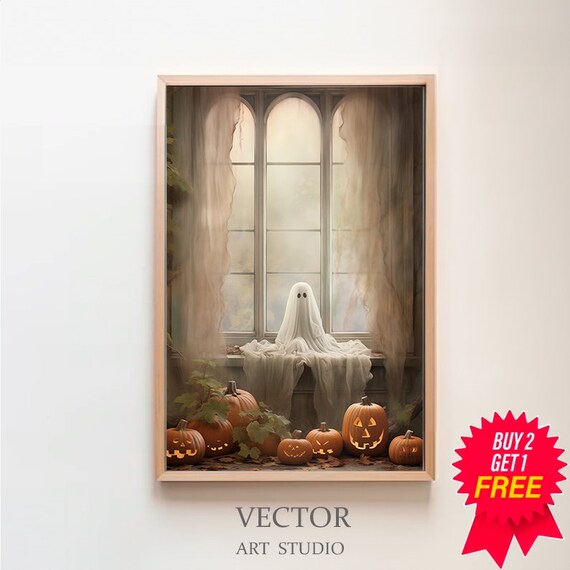 Ghost on a Windowsill With Glowing Jack O Lanterns Autumn Poster