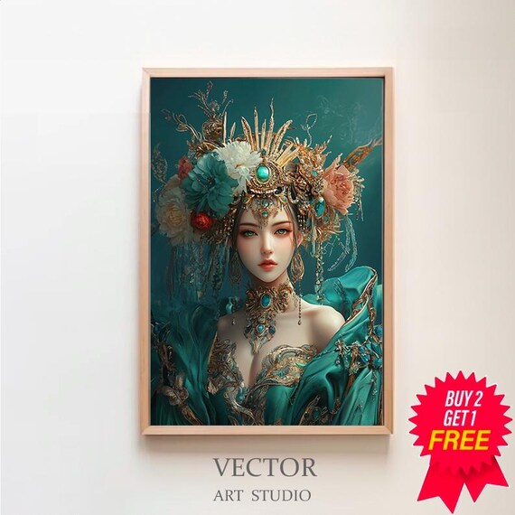 Green Tara Goddess With Gold Floral Headdress Teal Robes Art Poster