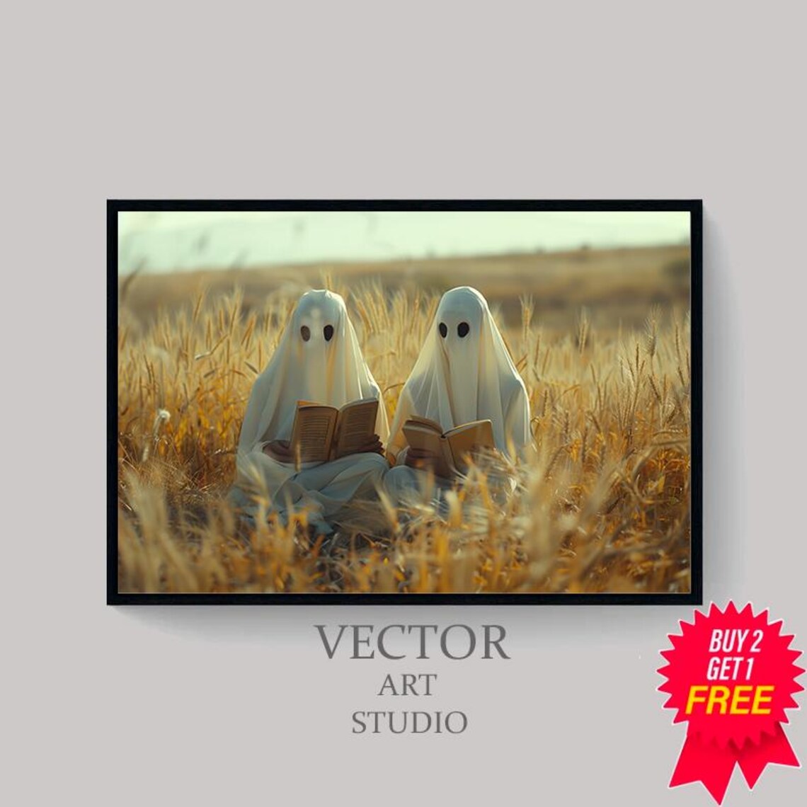 Two Cute Ghosts Reading Books At Golden Hour Wheat Field Art Poster - Image 4