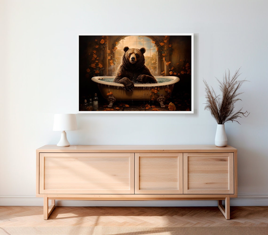 Brown Bear in Vintage Bathtub by Arched Window Funny Animal Art Poster - Image 2