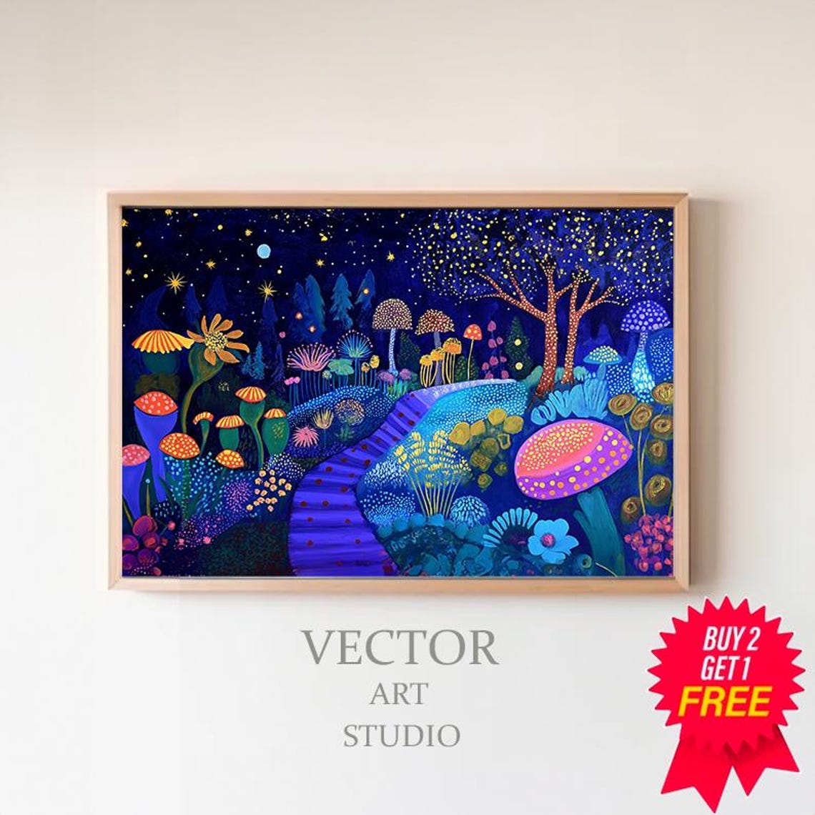 Magical Dotted Night Garden With Glowing Mushrooms Fantasy Poster