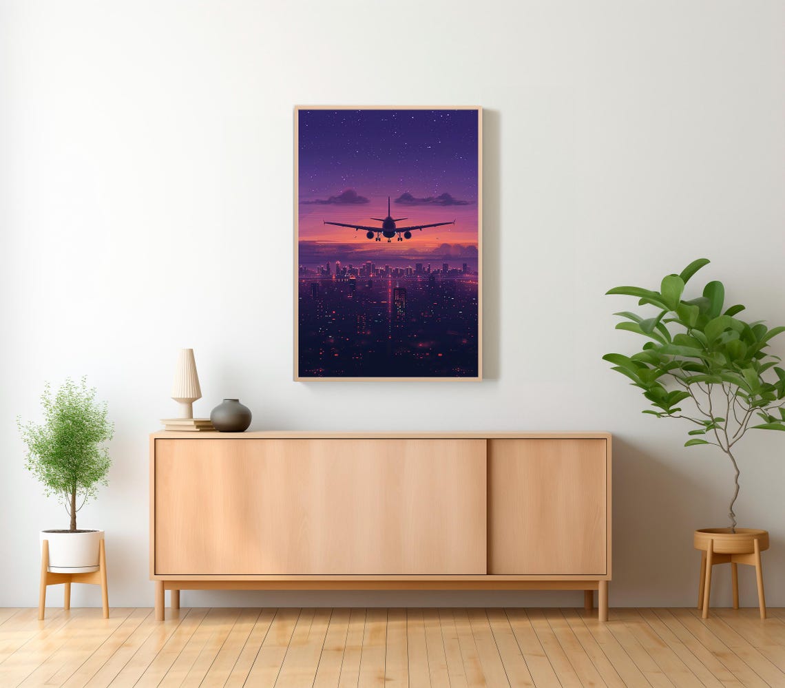 Airplane Over Neon City Night Sky Synthwave Travel Art Poster - Image 2
