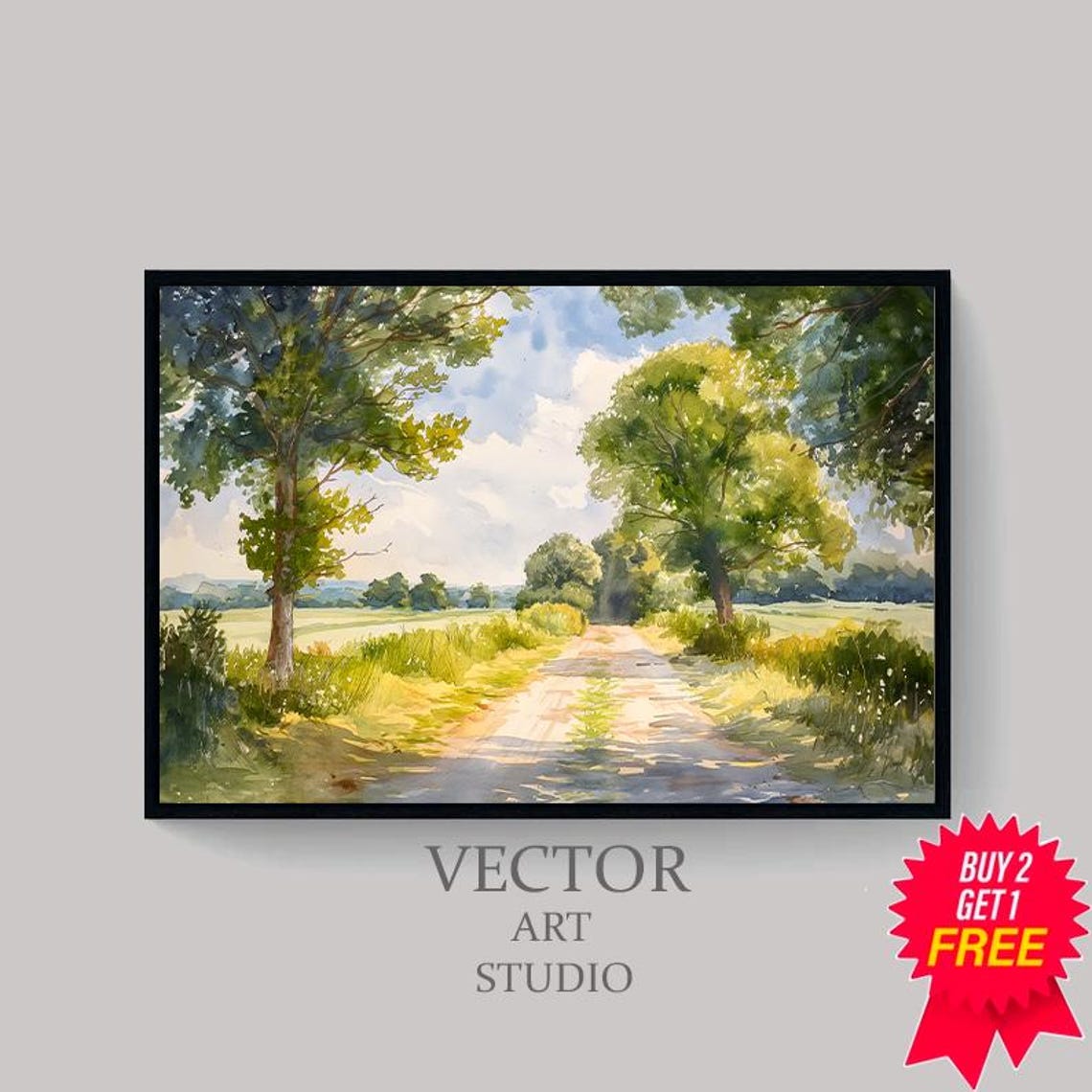 Sunny Countryside Lane Through Green Fields Watercolor Poster - Image 4