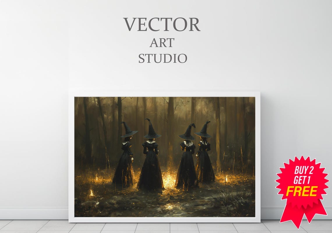 Four Witches in Misty Forest with Glowing Lights Witchy Poster - Image 3