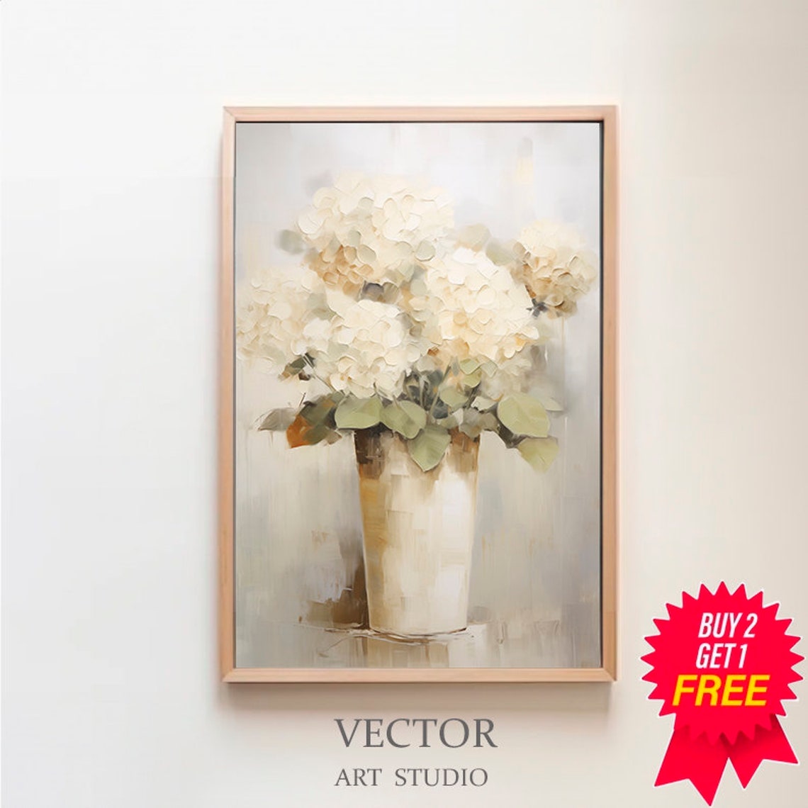 Bright White Hydrangeas in a Tall Cream Vase Soft Floral Poster