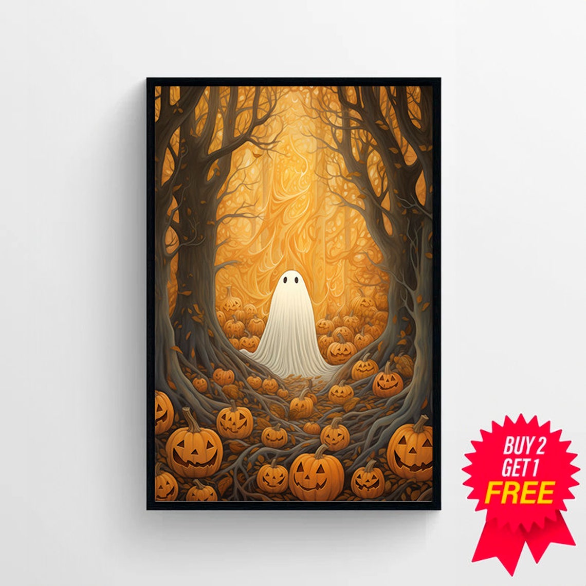 Cute Ghost in Jack O Lantern Pumpkin Patch Spooky Halloween Poster - Image 4