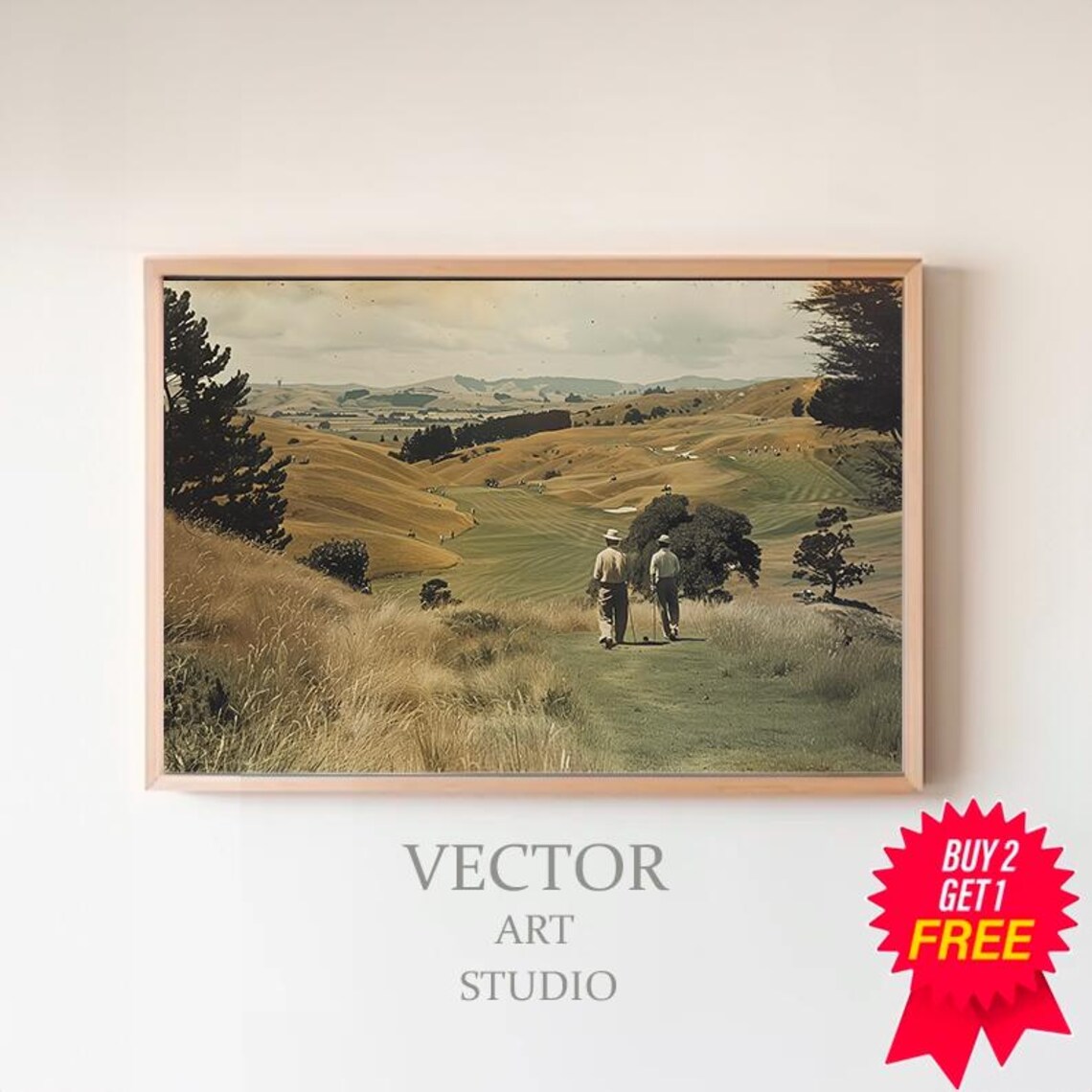 Two Golfers Walking Golden Hills Course Vintage Golf Scene Art Print