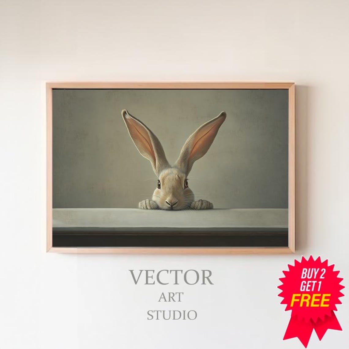 Wide-Eyed Cream Bunny with Paws Peeking Over a Grey Ledge Poster