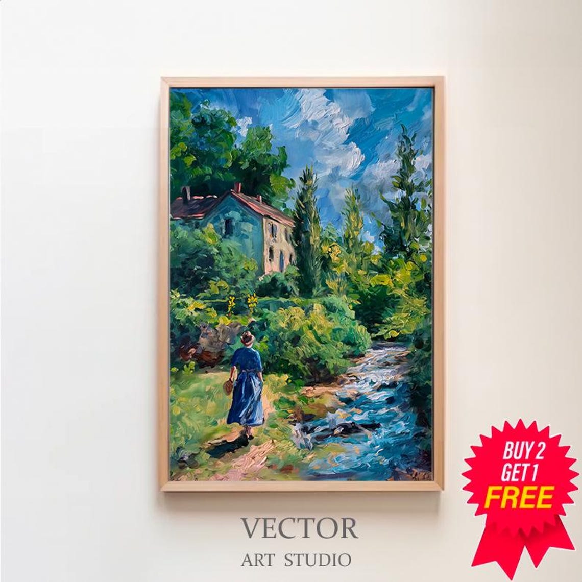 Spring Country Oil Painting Vintage Stream Landscape Print Rustic Farmhouse Cottage Print Art Art
