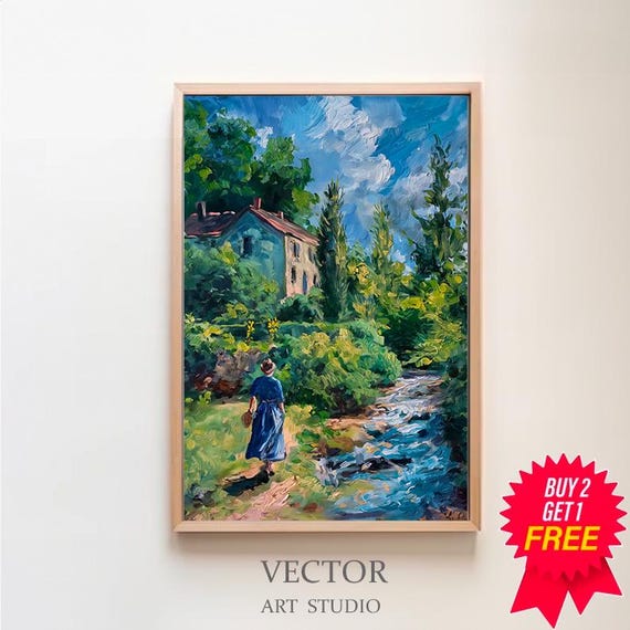Spring Country Oil Painting Vintage Stream Landscape Print Rustic Farmhouse Cottage Print Art Art