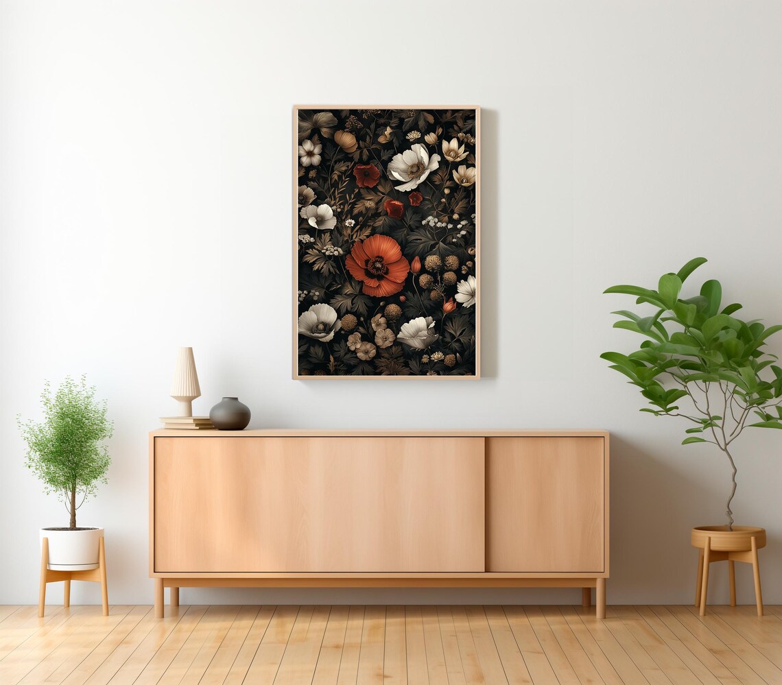 Moody Dark Botanical Garden with Red Orange Poppy Centerpiece Poster - Image 2
