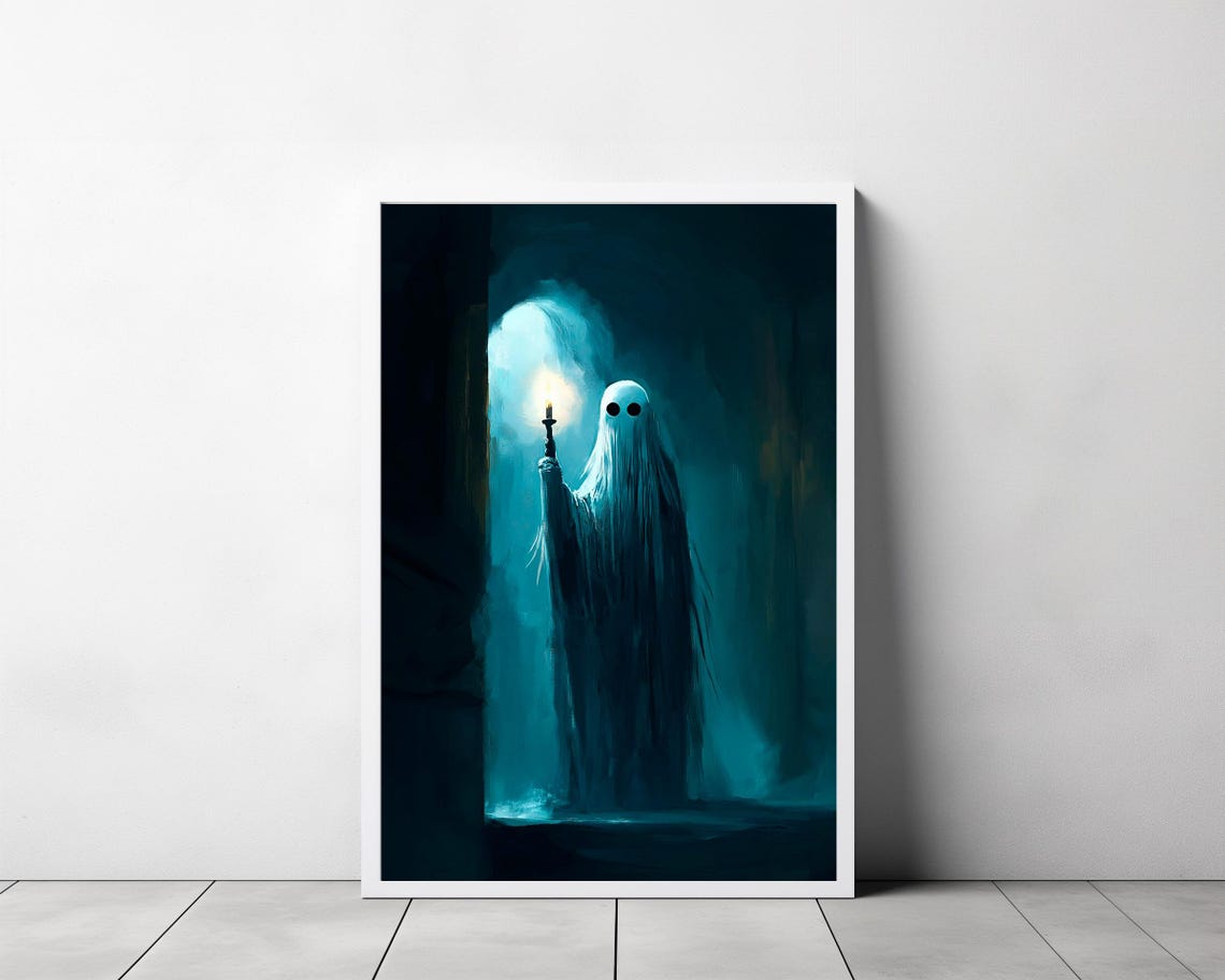 Sheet Ghost Holding a Candle in a Dark Teal Hallway Art Poster - Image 3