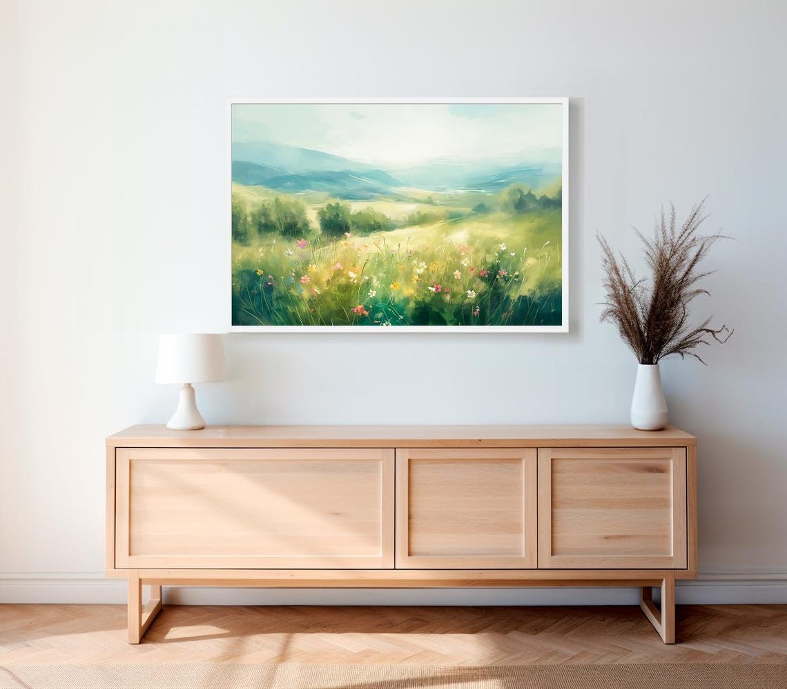 Pastel Wildflower Meadow With Misty Mountains Spring Landscape Poster - Image 2