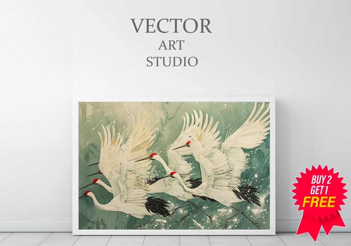Red-Crowned Cranes in Flight Over Japanese Green Landscape Poster - Image 3