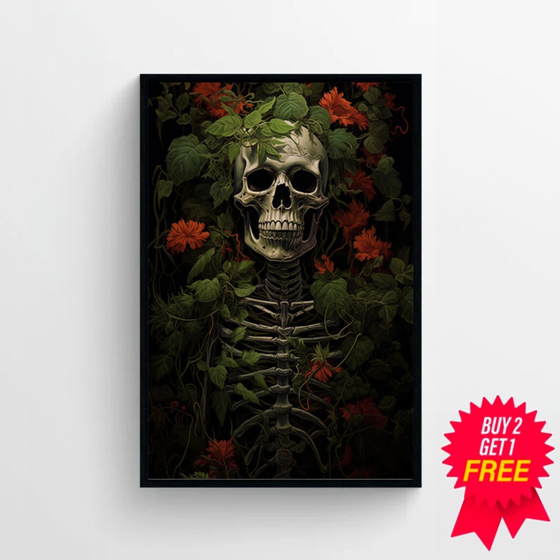 Skeleton Entwined with Vines and Red Flowers Dark Botanical Art Poster - Image 4