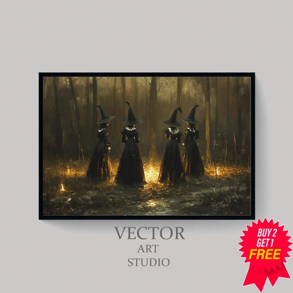 Four Witches in Misty Forest with Glowing Lights Witchy Poster - Image 4