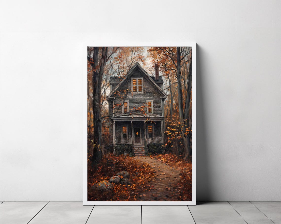 Autumn Farmhouse with Glowing Windows in Moody Fall Woods Poster - Image 3
