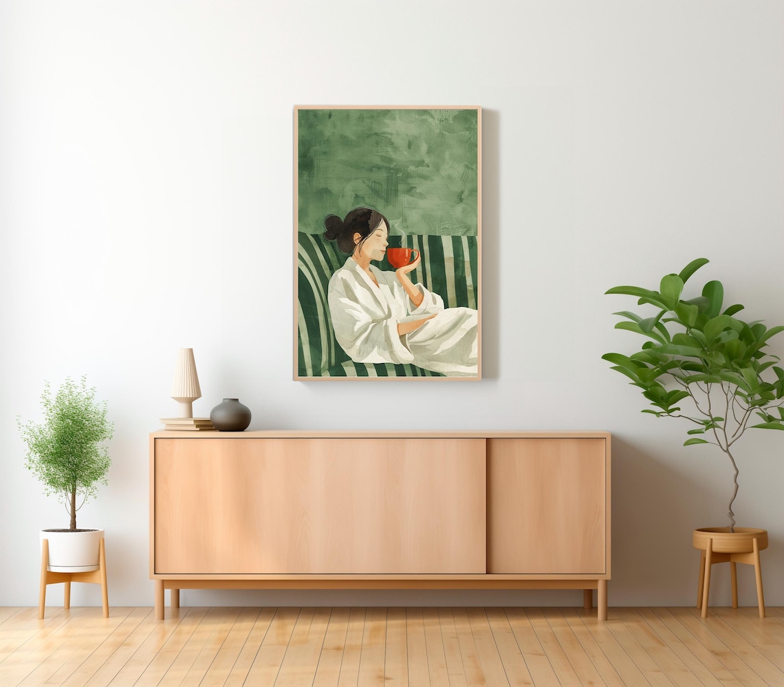 Emerald Green Abstract People Large Wall Art Contemporary Artwork Minimalist Print Coffee Lover Wall Art Stripe Woman Print - Image 2