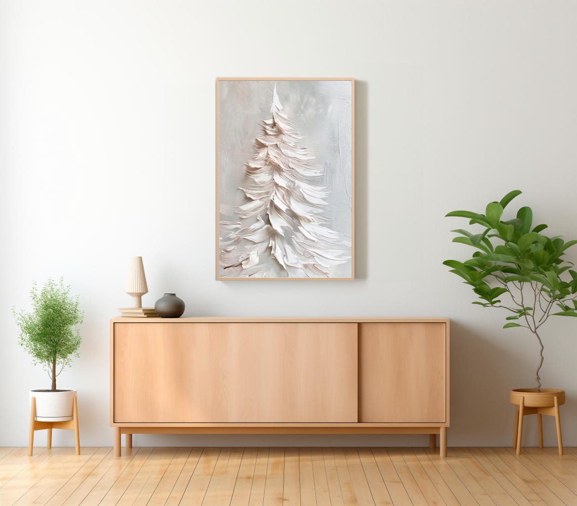 Snowy White Pine Tree Textured Impasto Minimalist Winter Poster - Image 2