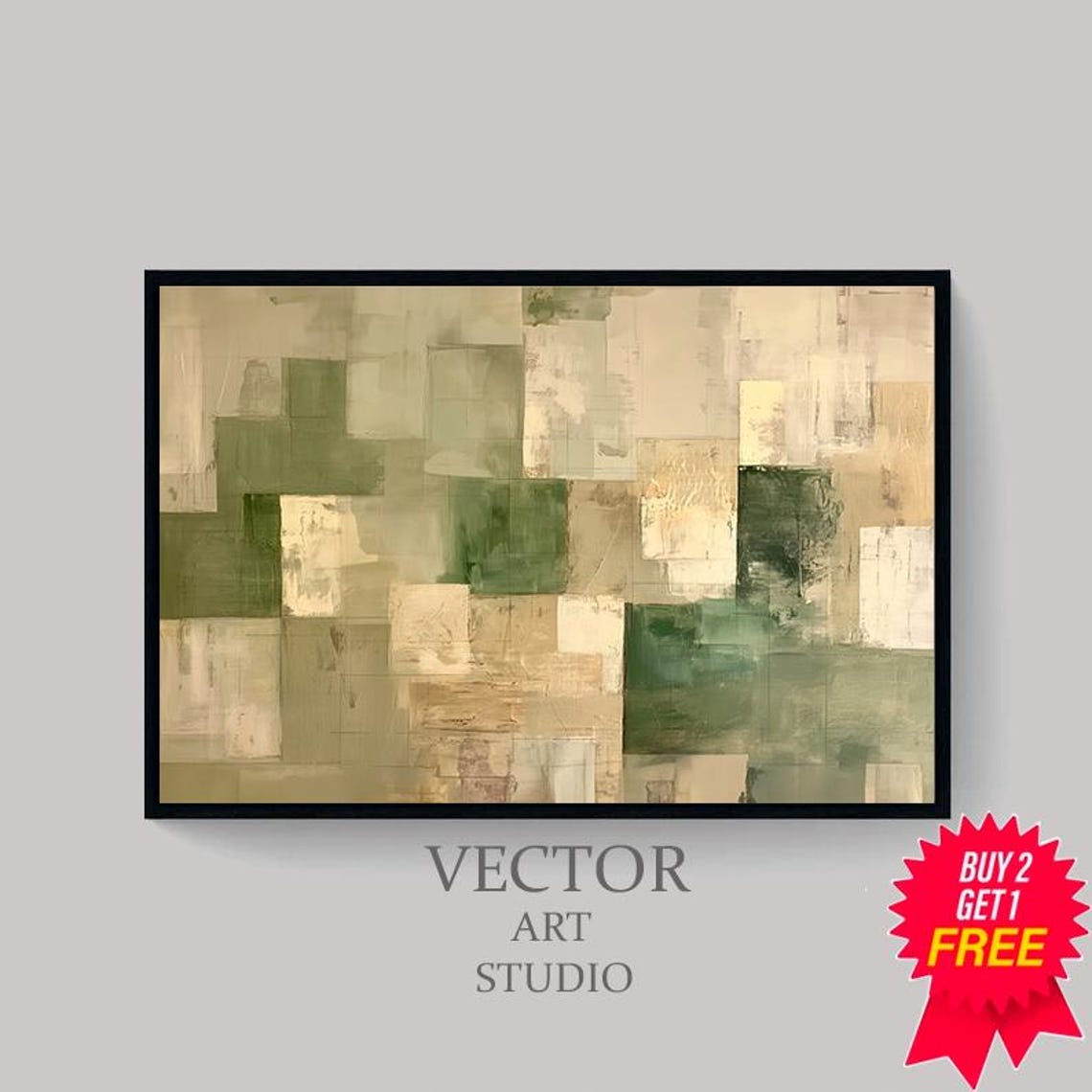 Rustic Green Abstract Winter Frame Tv Art Beige Contemporary Tv Art Geometric Minimalist Modern Oil Painting - Image 4