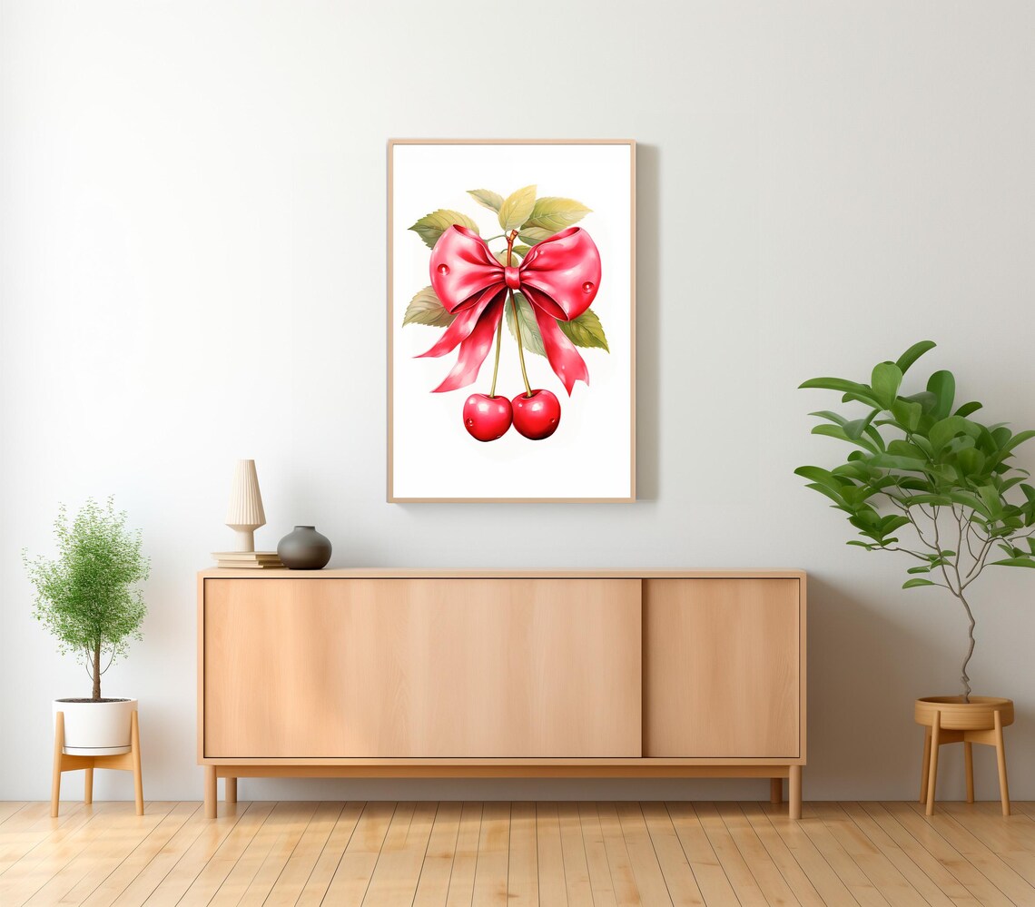 Red Cherries with Big Red Ribbon Bow Watercolor Coquette Poster - Image 2