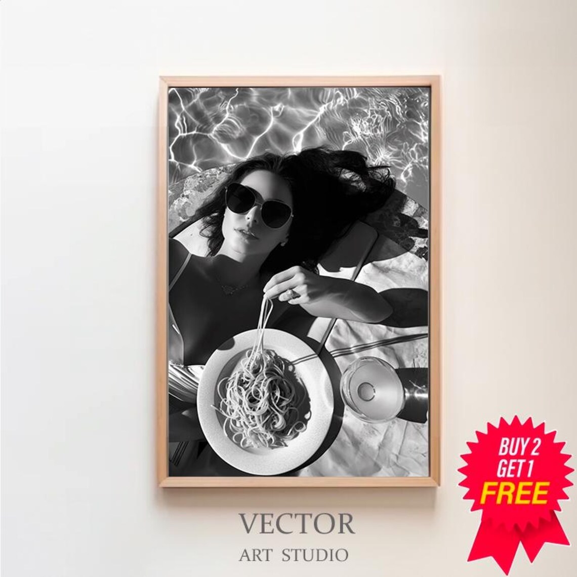 Woman In Sunglasses Eating Spaghetti By The Pool Black White Print