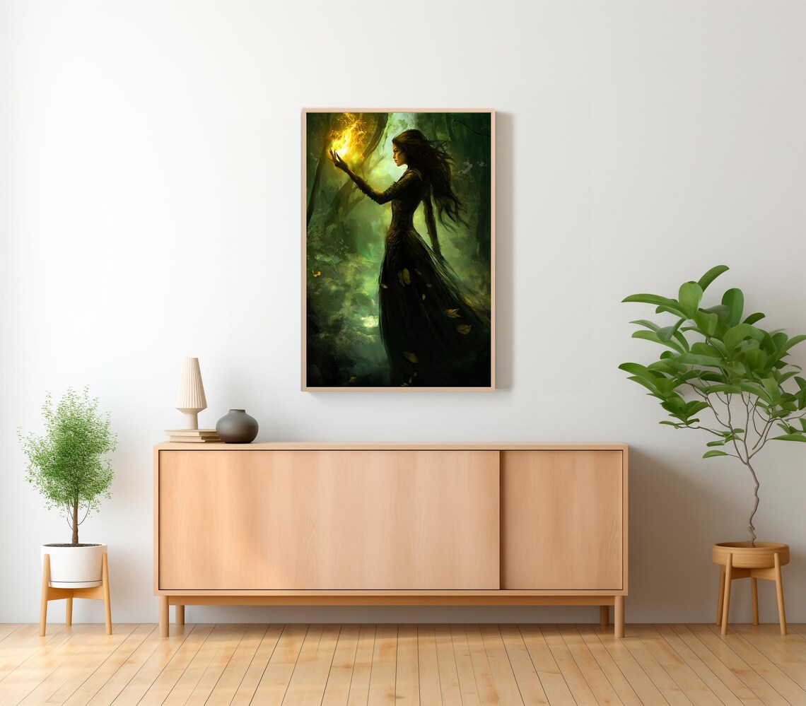 Dark Sorceress Conjuring Fire In A Moonlit Forest Fantasy Poster - Image 2