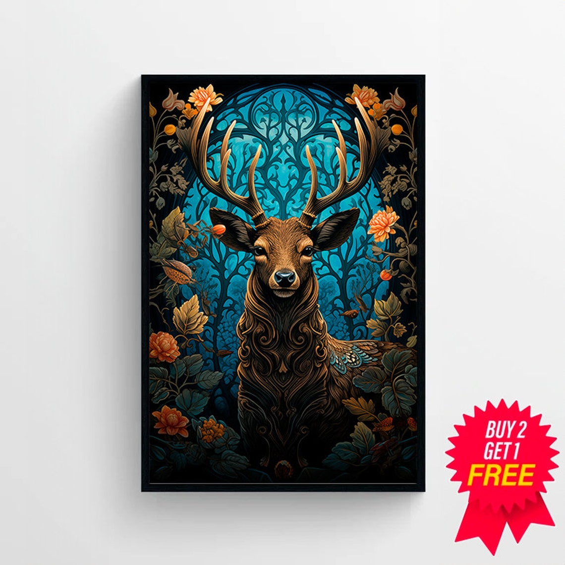 Majestic Stag Beneath A Blue Stained Glass Arch Winter Poster - Image 4