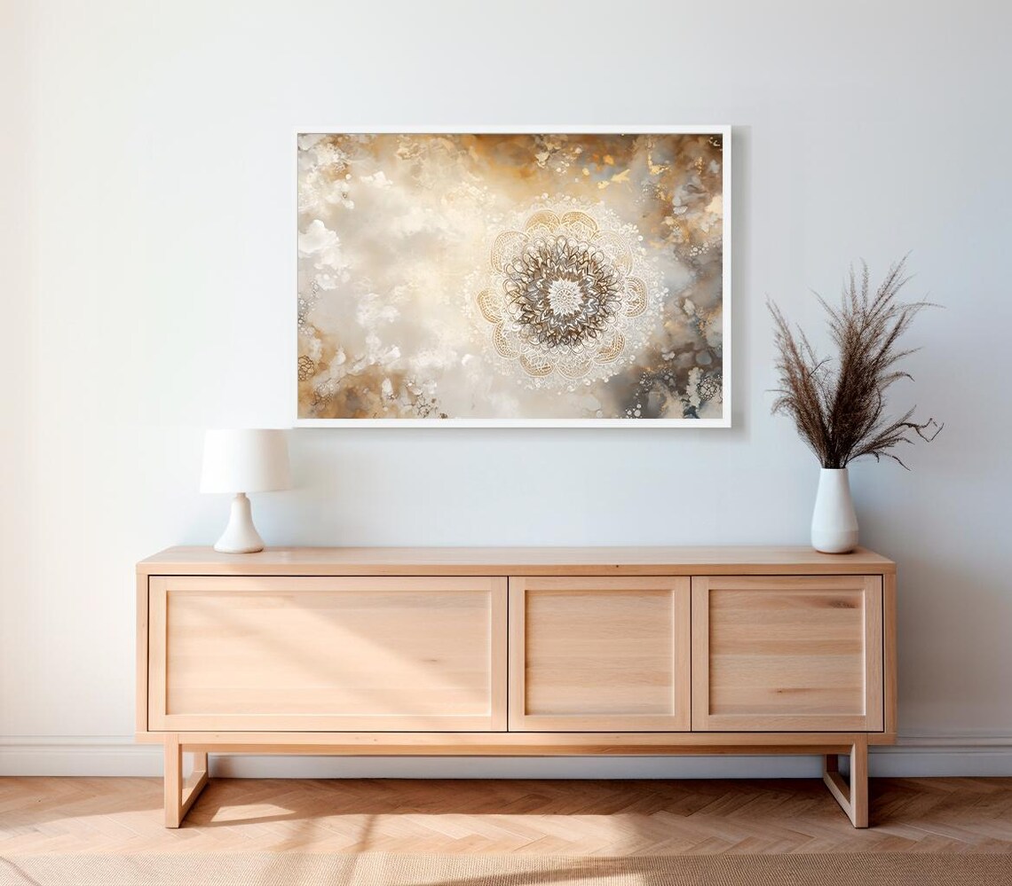 Neutral Mandala Flower In Cream And Gold Abstract Art Poster - Image 2