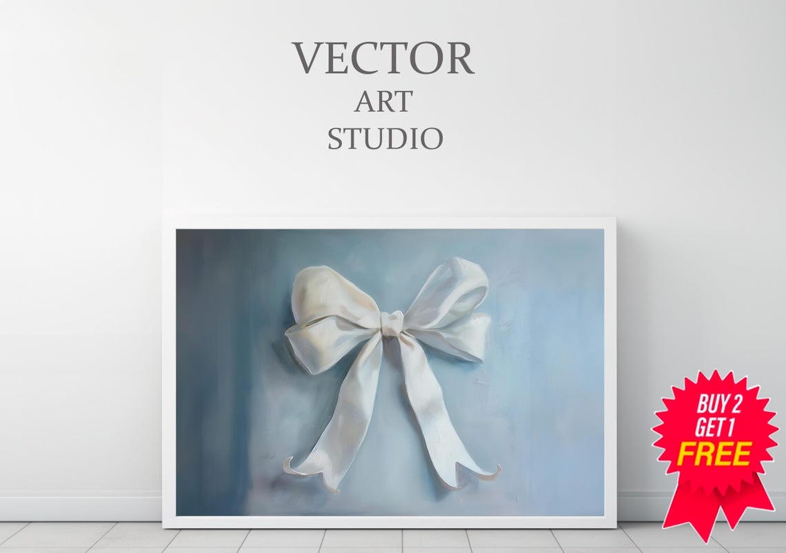 White Silk Bow On Soft Blue Grey Vintage Nursery Wall Poster - Image 3