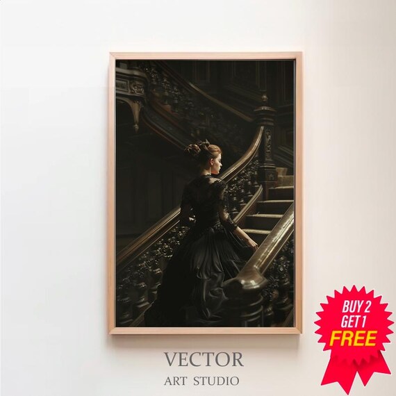 Victorian Lady in Black Gown Grand Dark Staircase Gothic Art Poster