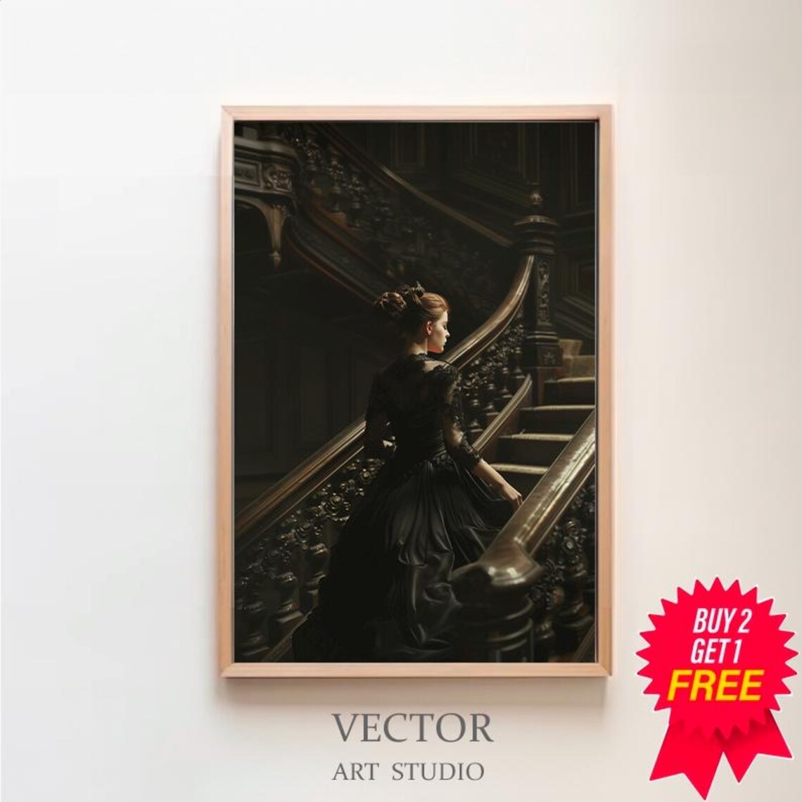 Victorian Lady in Black Gown Grand Dark Staircase Gothic Art Poster