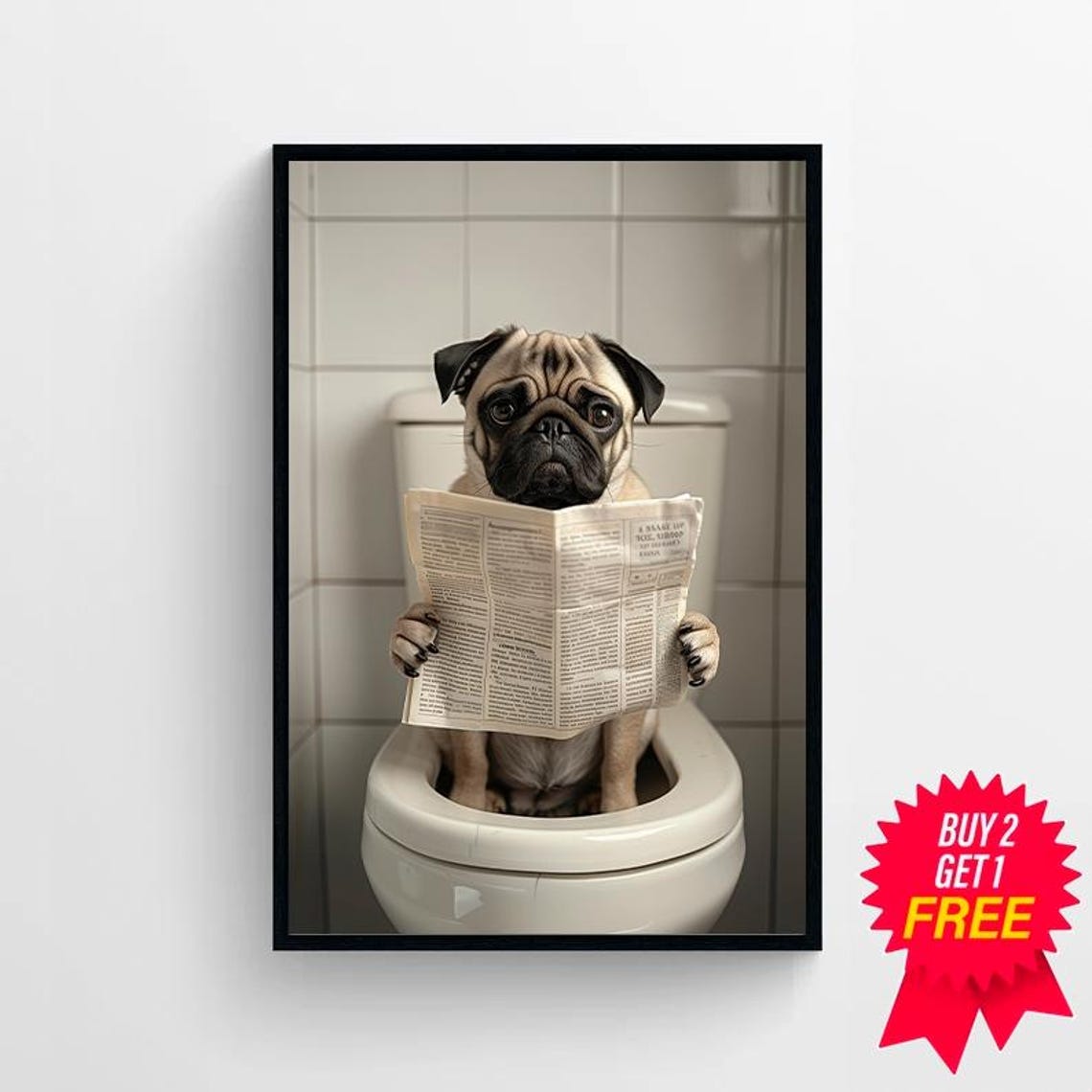 Pug Front View Reading Newspaper on Toilet Funny Bathroom Poster - Image 4