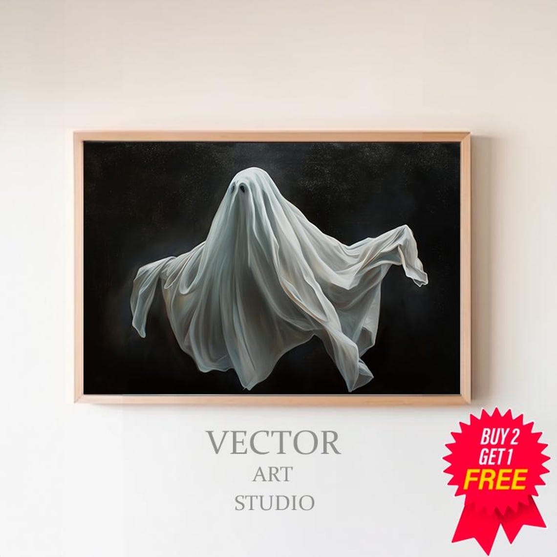 Classic White Sheet Ghost Floating On Pitch Black Oil Painting Poster