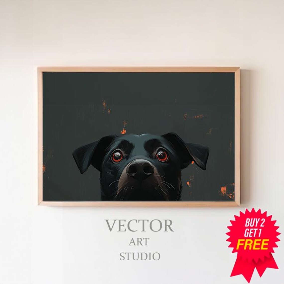 Peeking Black Dog with Big Expressive Amber Eyes on Dark Poster
