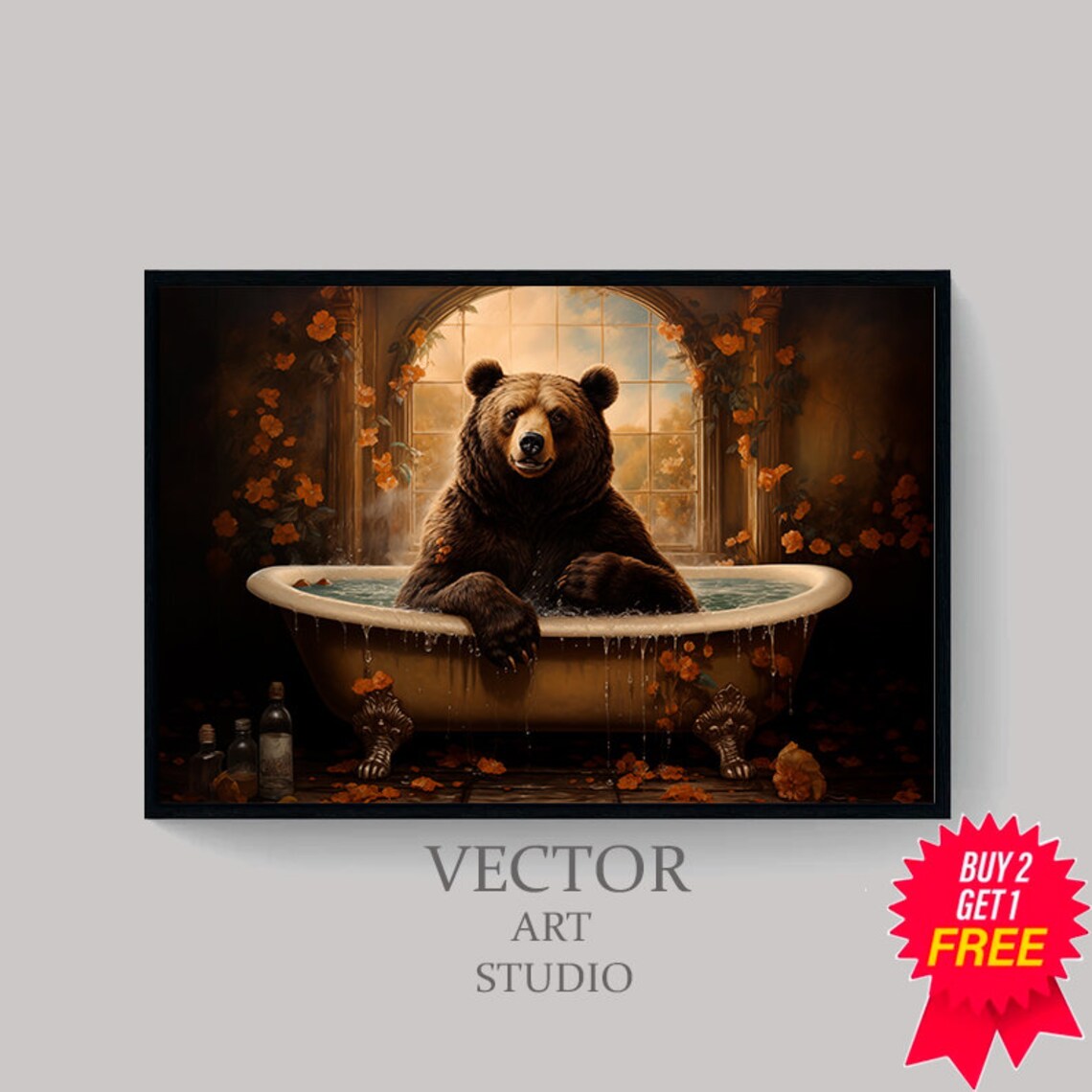 Brown Bear in Vintage Bathtub by Arched Window Funny Animal Art Poster - Image 4