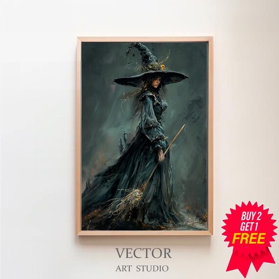 Dark Elegant Witch with Tall Hat and Broom Moody Halloween Art Poster