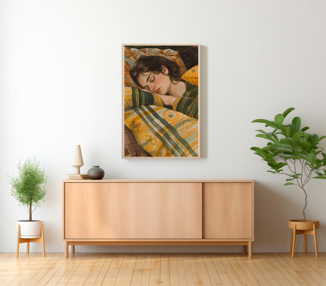 Woman Sleeping Peacefully Under a Patterned Green Quilt Poster - Image 2