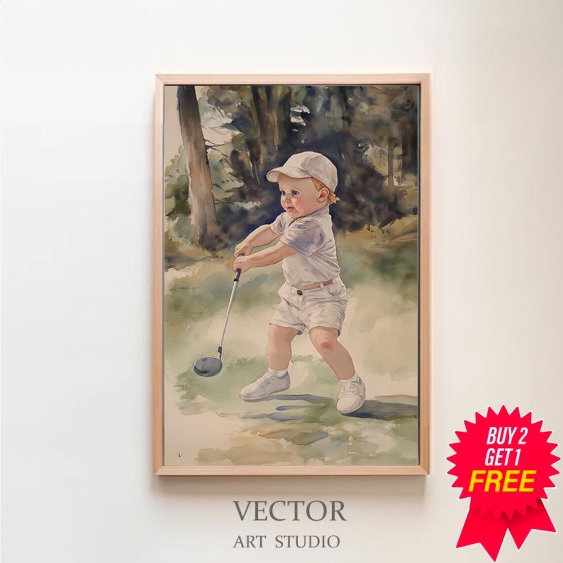 Toddler Swinging a Golf Club in a Watercolor Nursery Scene Poster