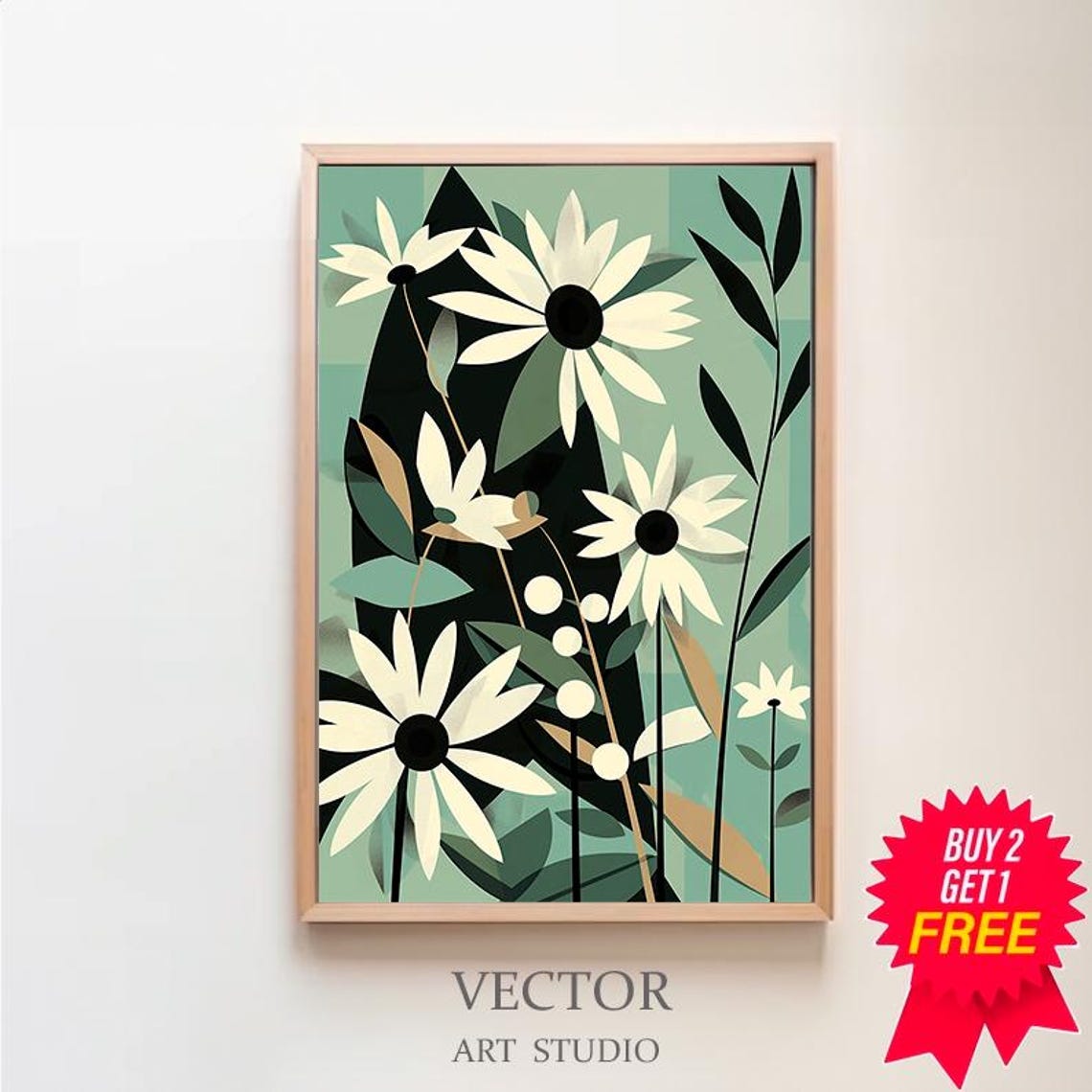 White Daisies on Sage Green with Black Leaves Modern Floral Art Print