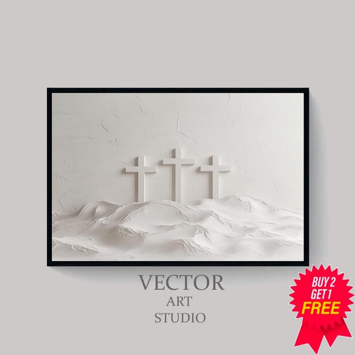 All White Three Crosses On A Textured Hill Minimalist Poster - Image 4