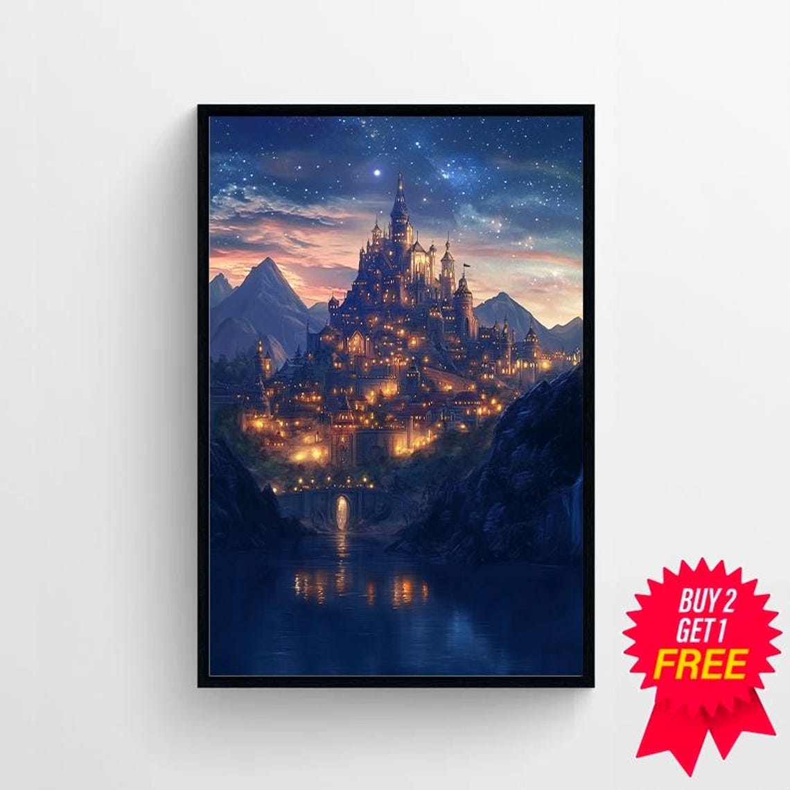 Starlit Castle Town With River Reflection Sunset Fantasy Poster - Image 4