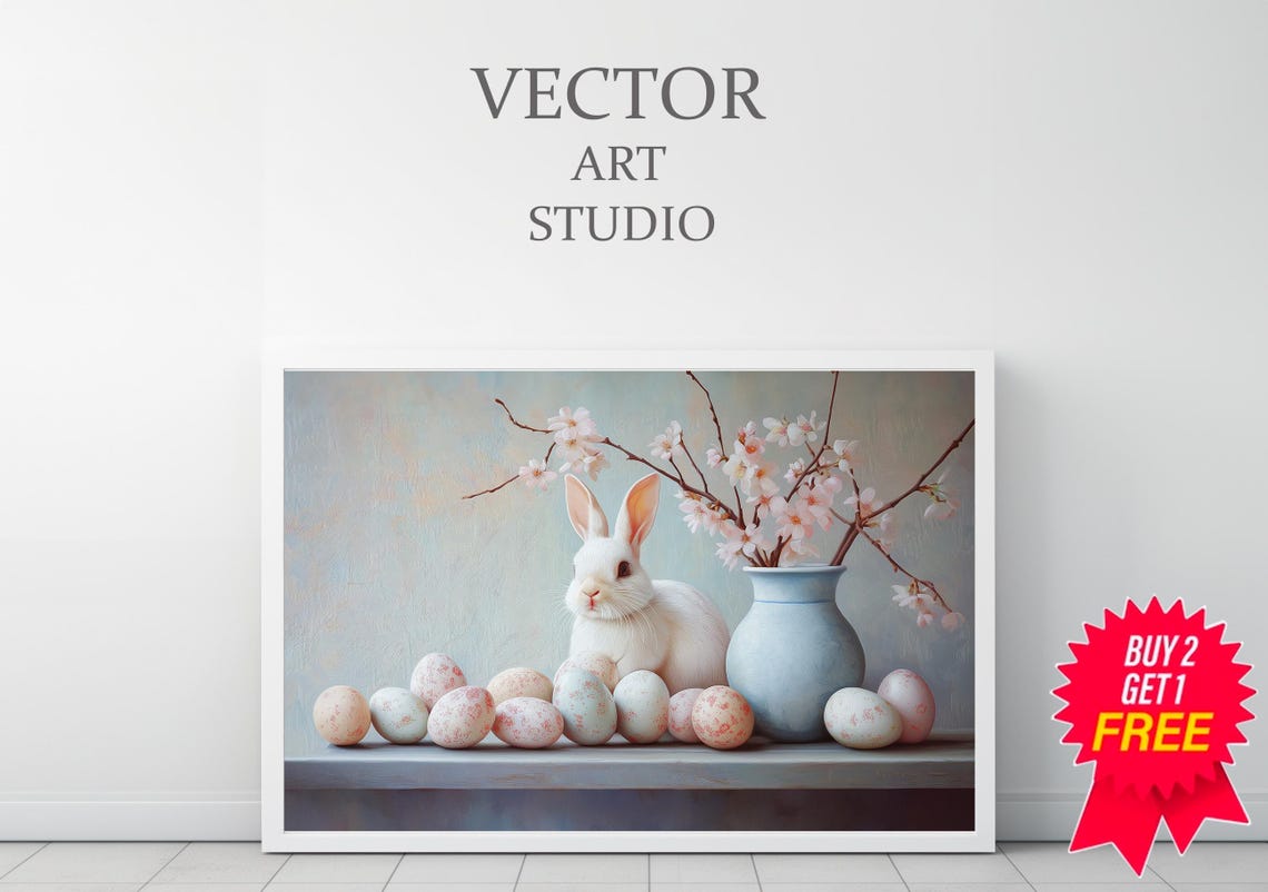White Bunny with Easter Eggs and Cherry Blossom Spring Poster - Image 3