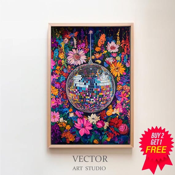 Wall Art Disco Ball Maximalist Oil Painting Living Room Colorful Trendy Kitsch Pink Print Vivid Bold Dopamine Botanical Picture