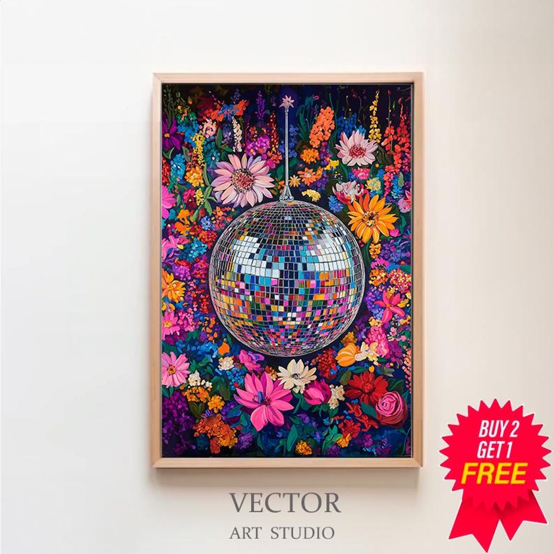 Wall Art Disco Ball Maximalist Oil Painting Living Room Colorful Trendy Kitsch Pink Print Vivid Bold Dopamine Botanical Picture