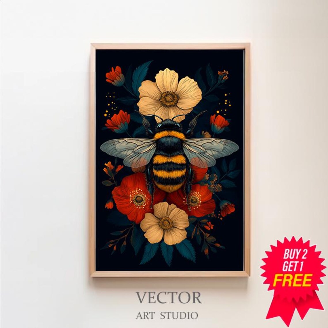 Bee Painting Art Print, Dark Cottagecore Wall Decor